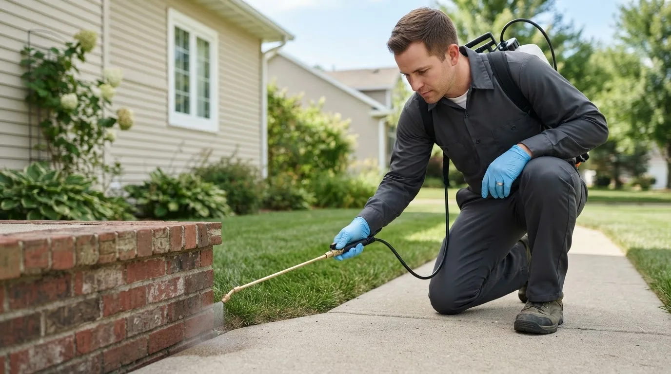 Pest control technician treating a home near Caribou, ME