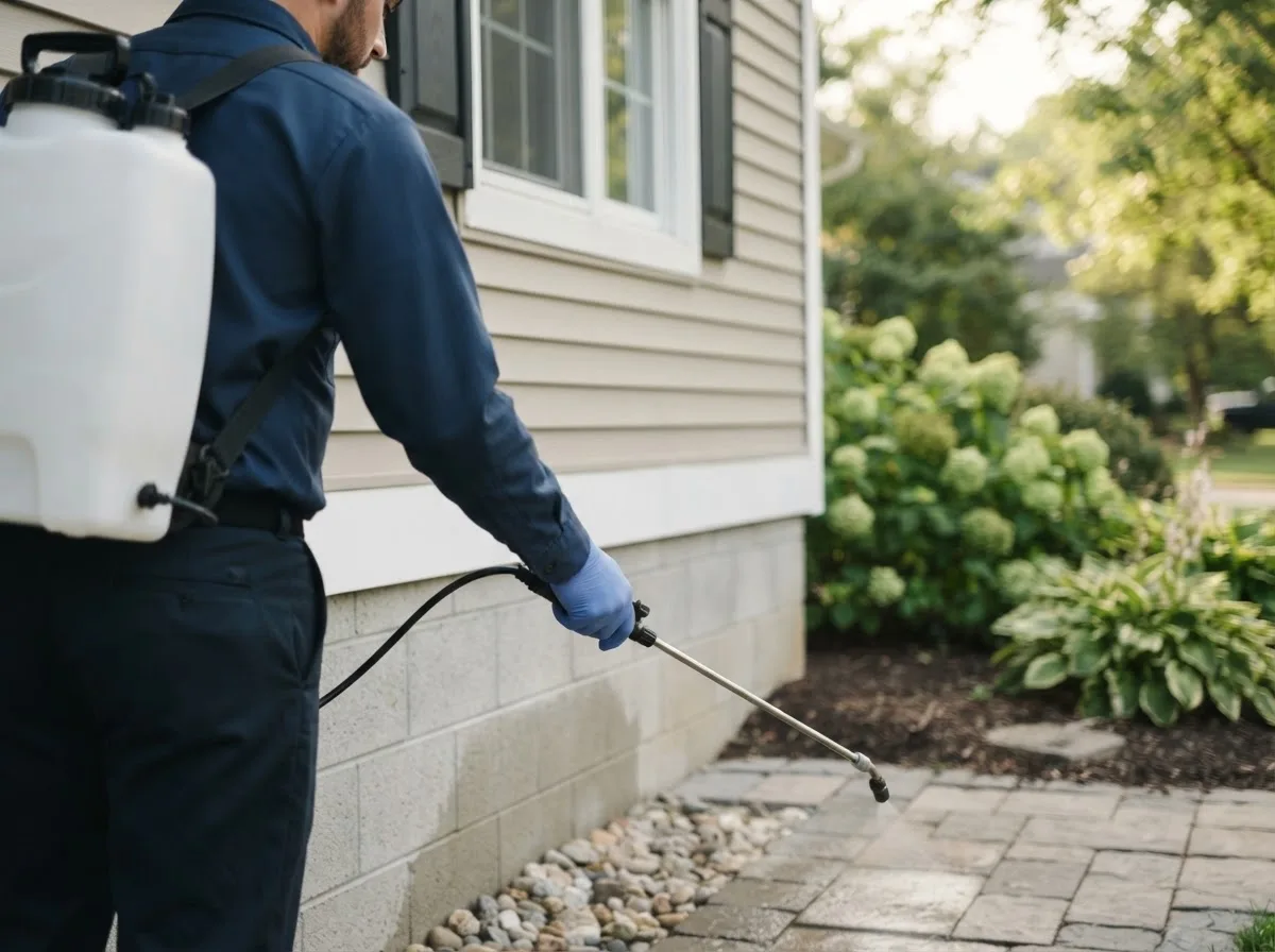 Pest control technician inspecting a home in Caribou, ME